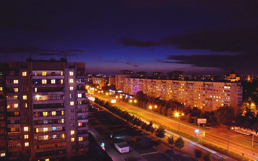Luci della città, città, notte, città, edificio, vista dall'alto, splendore, luce, strada Sfondo HD