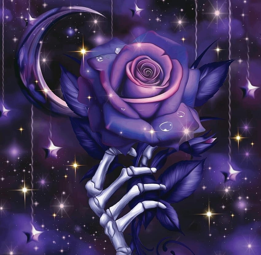 Rosa oscura, noche, huesos, arte, estrellas, mano, oscuro, halloween, púrpura, rosa, luna, fantasía, flor, luna, taggar duro fondo de pantalla
