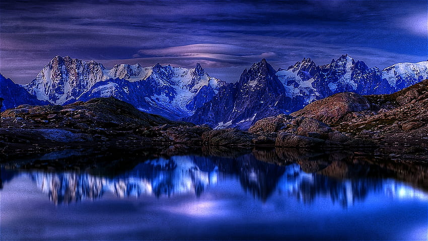 Softly Reflected, night, blue, peaceful, beautiful, reflections, dark, mountains, calm, still HD wallpaper