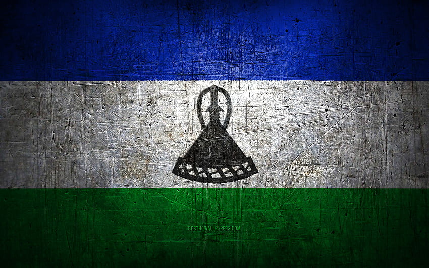 Bendera logam Lesotho, seni grunge, negara-negara Afrika, Hari Lesotho, simbol nasional, bendera Lesotho, bendera logam, Bendera Lesotho, Afrika, Lesotho Wallpaper HD