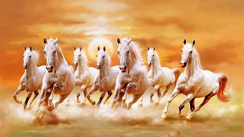7 つの実行中の白い馬。 5200×2925 高画質の壁紙