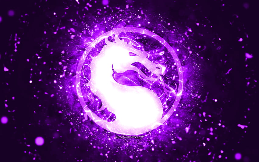 Mortal Kombat violet logo, , violet neon lights, creative, violet abstract background, Mortal Kombat logo, online games, Mortal Kombat HD wallpaper
