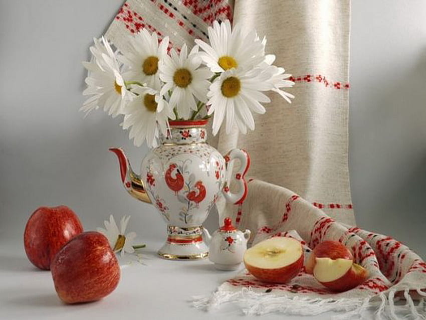 daisy, apple, tea, morning, rural HD wallpaper