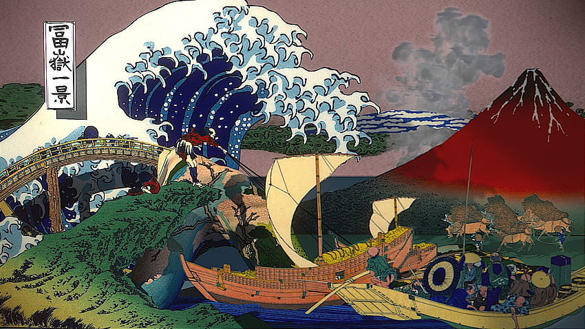 Blender CGI: One View of Mount Fuji made of Hokusai's prints, Views of Mt. Fuji HD wallpaper