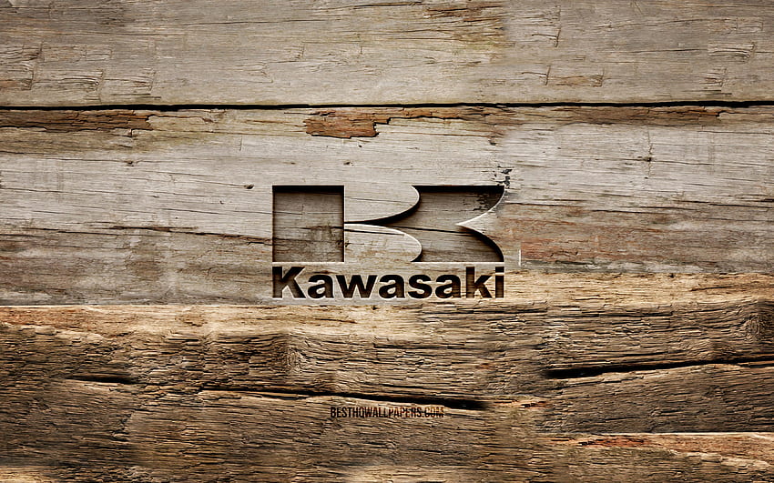 カワサキの木製ロゴ, , 木製の背景, ブランド, カワサキのロゴ, クリエイティブ, 木彫り, カワサキ 高画質の壁紙