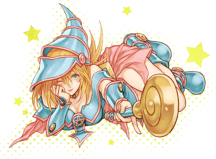 Dark Magician Girl, games, cute, white background, card games, yugioh, yu-gi-oh, blonde hair, female, skirt, weapons, anime, wink, video games, scepter, green eyes, boots HD wallpaper
