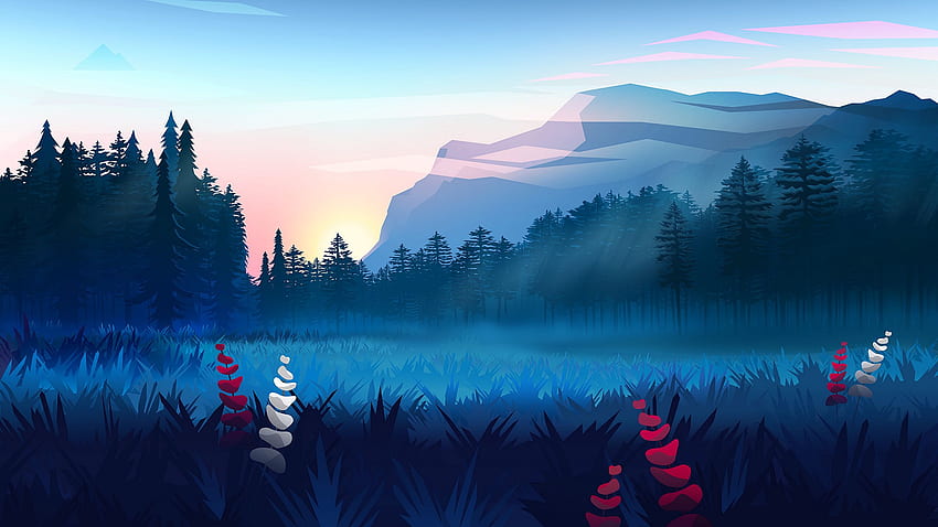 芝生、森、山、霧、風景、アート ワイドスクリーン 16:9 背景、2560X1440 ピクセル 高画質の壁紙