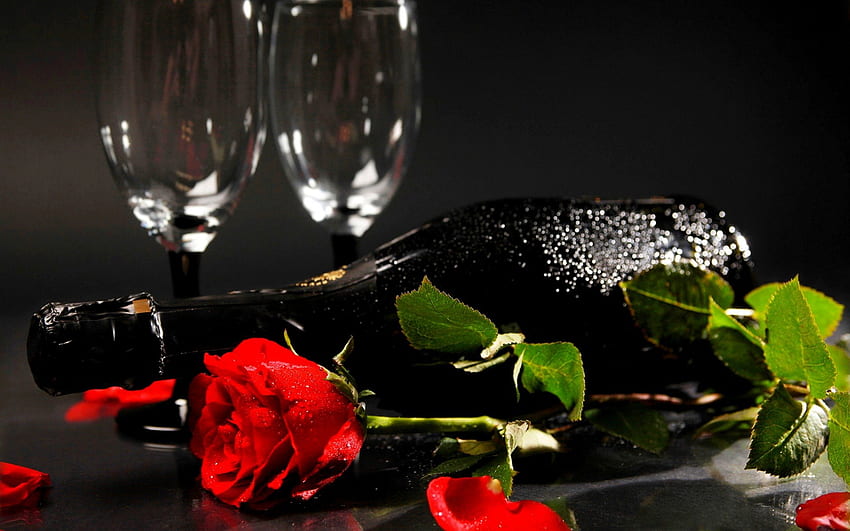 A BOTTLE OF CHAMPAGNE, roses, rose, wine glasses, flower, bud, red, flowers, wine HD wallpaper