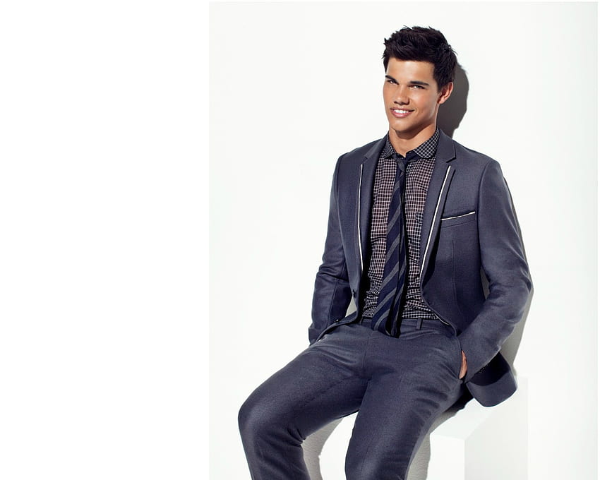 Taylor Lautner, white, costume, man, smile, actor, tie HD wallpaper
