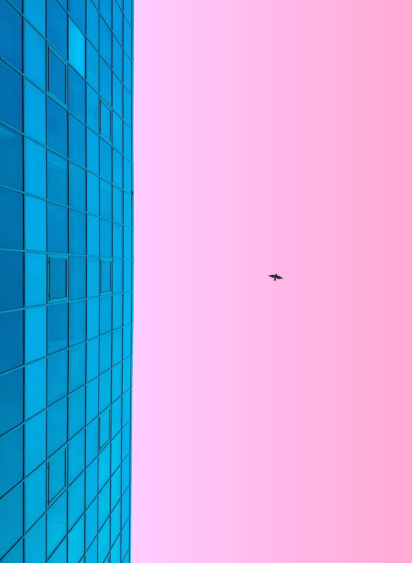 minimalism, blue, pink, building, sky, Minimalist Blue HD phone wallpaper