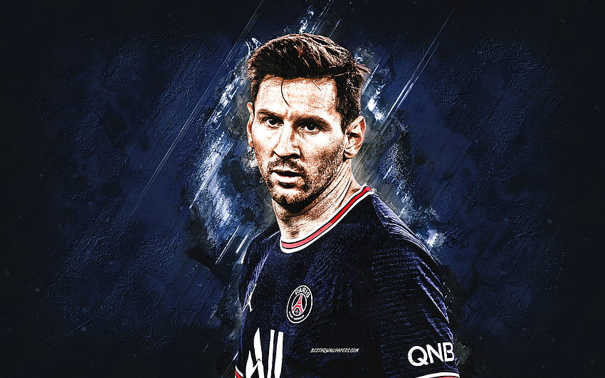 Lionel Messi, PSG, Argentine footballer, Paris Saint-Germain, Messi PSG, Messi portrait, blue stone background, football HD wallpaper