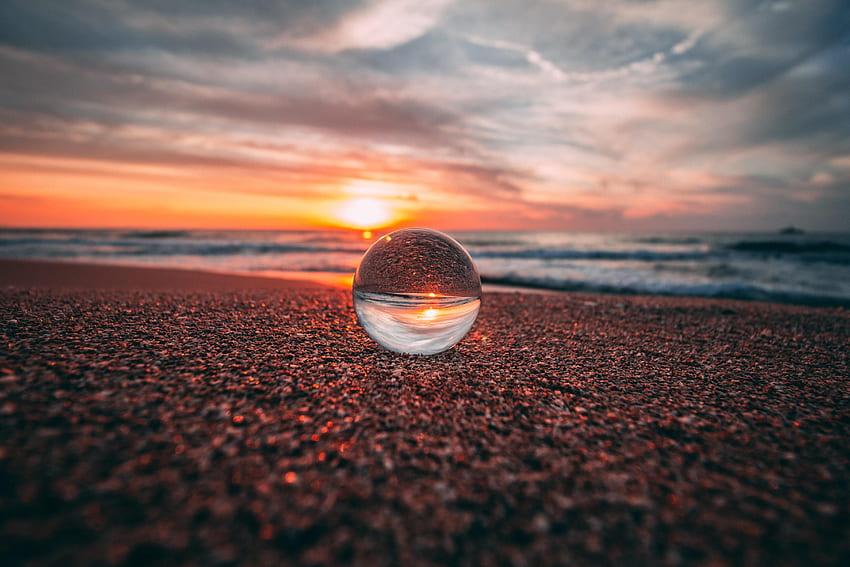 puesta del sol, mar, reflexión, orilla, banco, macro, vidrio, bola fondo de pantalla