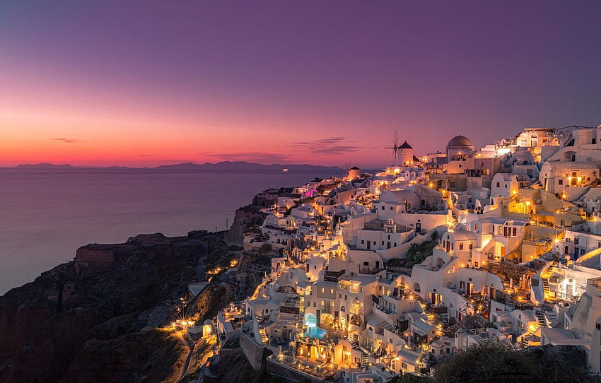 noche, casa, Santorini, Grecia, Fira para , sección город, Santorini Grecia fondo de pantalla