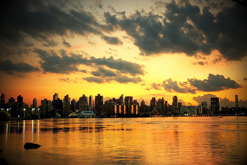 都市, 日没, 海, 超高層ビル, ニューヨーク、Ny 高画質の壁紙