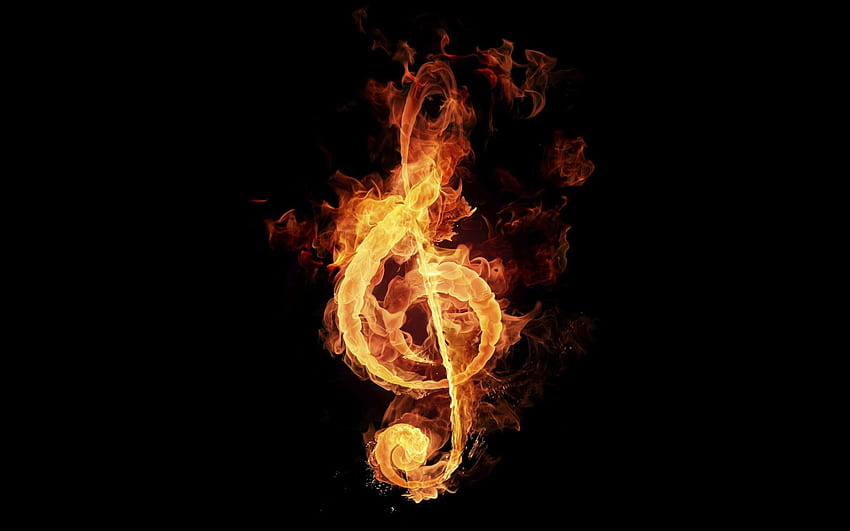 music, fire, artwork, treble clef, black background, music, Music Notes HD wallpaper