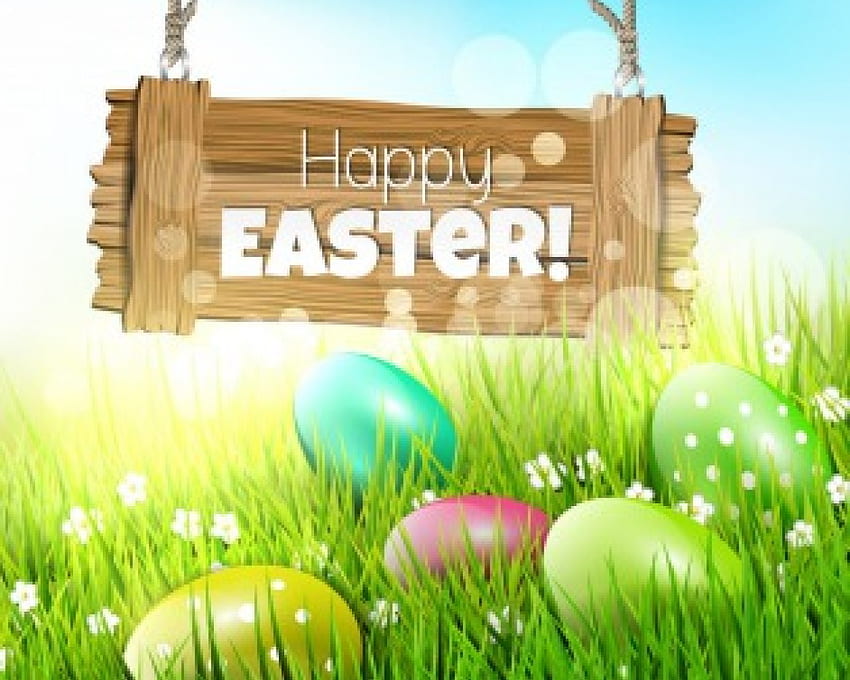 Frohe Ostern, Gras, Blumen, Ostern, Eier HD-Hintergrundbild
