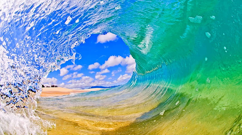 Crystalline Sea Wave, blue, crystal clear ocean, sand, beautiful, beach, surf, summer, Ohau, green, tube, clouds, water, wave HD wallpaper