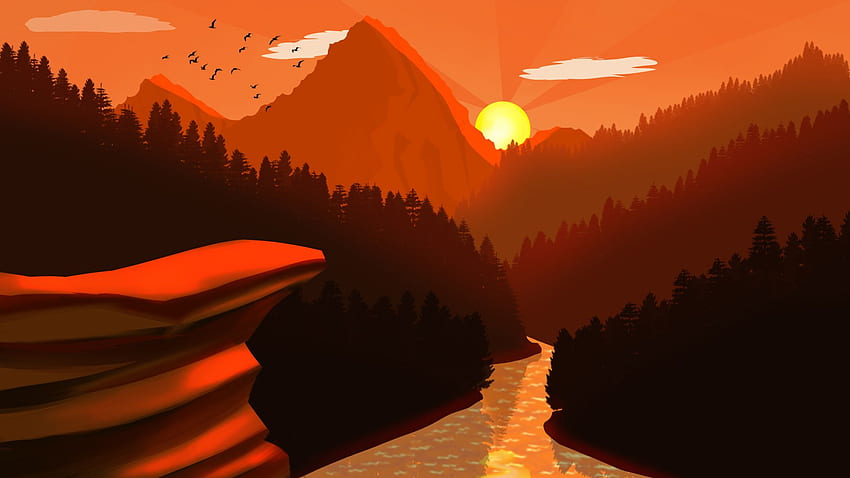 Sunset Mountains Mimimalist, Artist, , , Background, and, Sunset Mountain Forest HD wallpaper