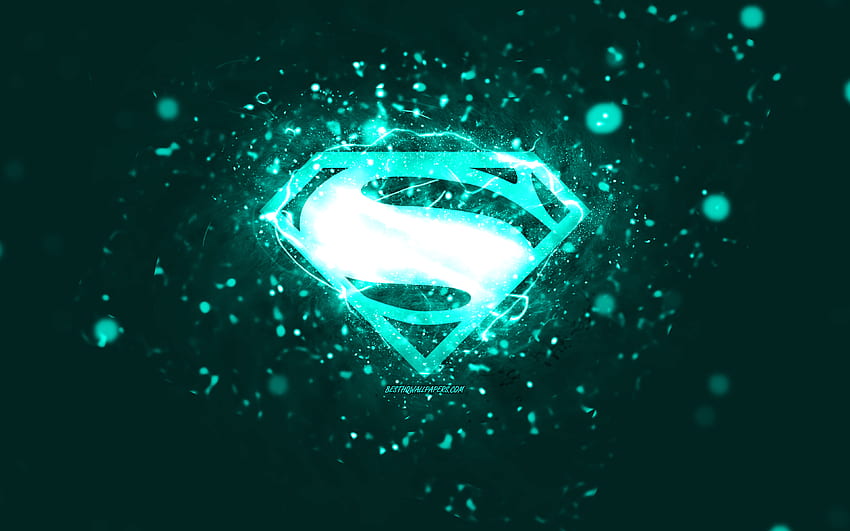 Тюркоазено лого на Супермен, тюркоазени неонови светлини, творчество, тюркоазен абстрактен фон, лого на Супермен, супергерои, Супермен HD тапет