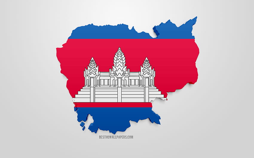 캄보디아의 3D 국기, 캄보디아의 지도 실루엣, 3D 예술, 캄보디아 국기, 아시아, 캄보디아, 지리, 해상도가 있는 캄보디아 3D 실루엣. 고품질 HD 월페이퍼