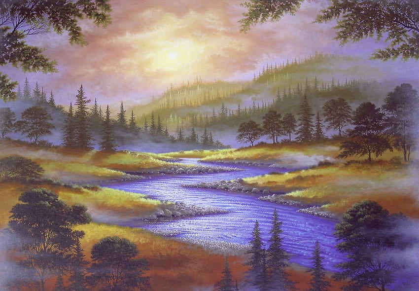 สัมผัสมหัศจรรย์ แม่น้ำ ทิวทัศน์ เมฆ ต้นไม้ เงียบสงบ พระอาทิตย์ ภูเขา วอลล์เปเปอร์ HD