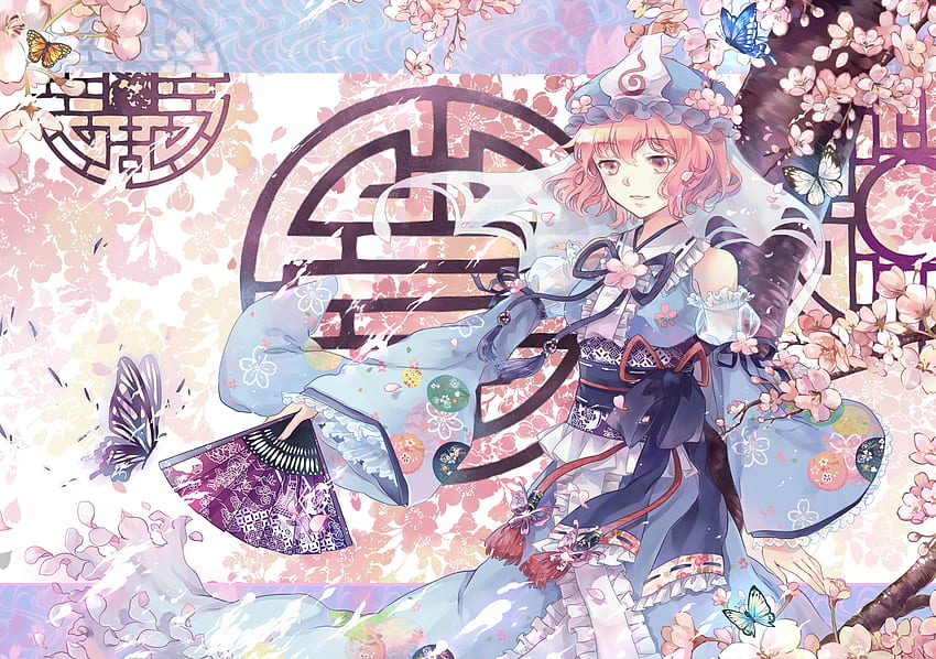 Saigyouji Yuyuko, azul, niña, ekita xuan, abanico, rosa, abanico, anime, manga fondo de pantalla