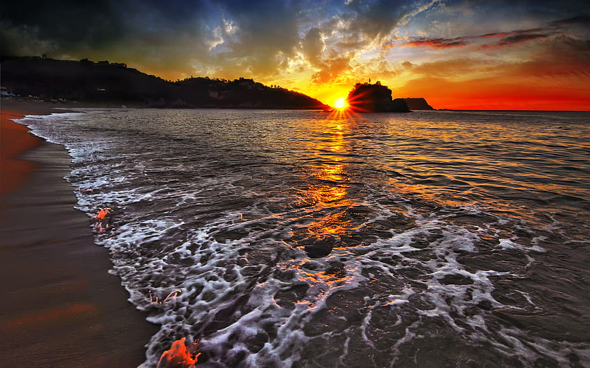 Sunset, landscape, sky, nature, amazing, sun, ocean, beach HD wallpaper