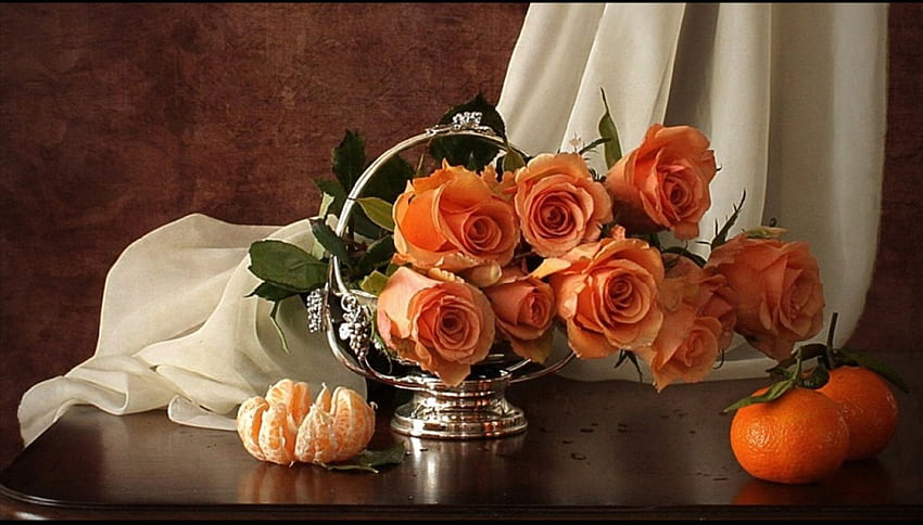 rosas e laranjas, natureza morta, flores, laranjas, rosas papel de parede HD