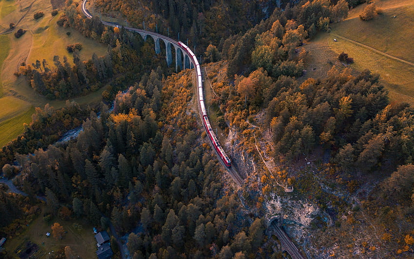 Bernina Express (roter Zug) in der Schweiz, Landschaft, Brücke, Zug, Schweiz HD-Hintergrundbild