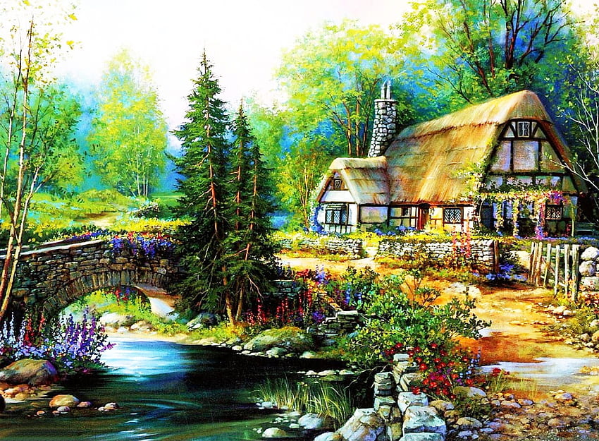 Beautiful Cottage Bridge Trees. Paysage magnifique dessin, Tableaux paysage, paysage magnifique HD wallpaper
