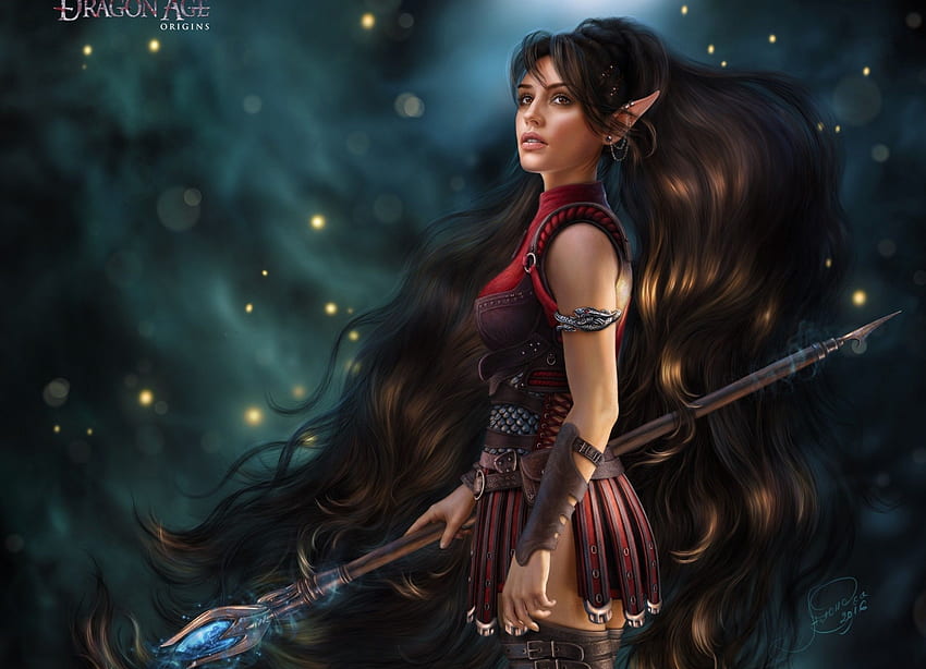 ドラゴンズ エイジ: オリジンズ、ファンタジーの女性、エルフの耳、杖、長い髪、戦士、魔法 高画質の壁紙