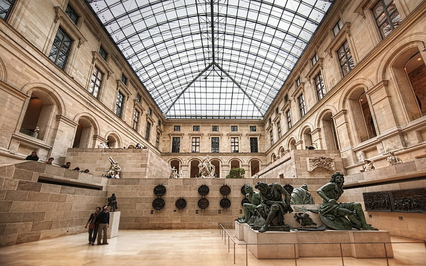 интериор на музея Лувъра, зала, музей, таван, статуи HD тапет