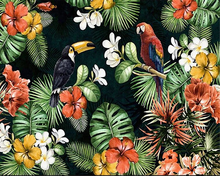 Beibehang Kustom Mural Tangan Dicat Burung Beo Hutan Hujan Tropis Tanaman Sofa Dinding Ruang Tamu Mural 3D Behang. kebiasaan . Dinding 3D 3D, Seni Burung Tropis Wallpaper HD