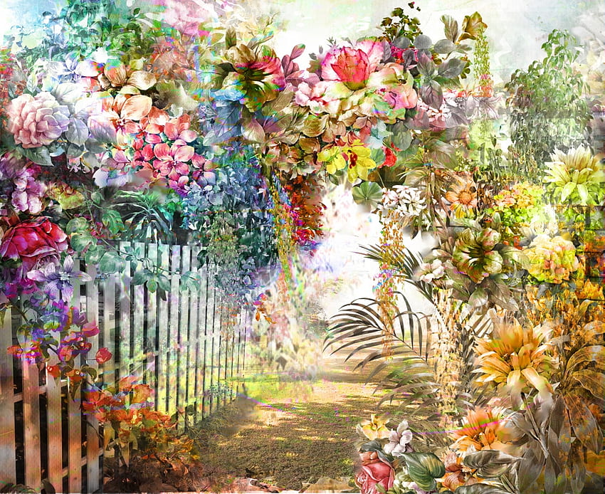 Pleine floraison, cascades, jardin, fleurs, clôture Fond d'écran HD