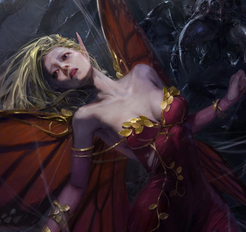 Trapped Fairy, spider, long hair, dress, beauty, lady, abstract, butterfly, blonde hair, fantasy woman, female, wings, art, beautiful, dark, woman, fairy, fantasy, red, fairy wings HD wallpaper