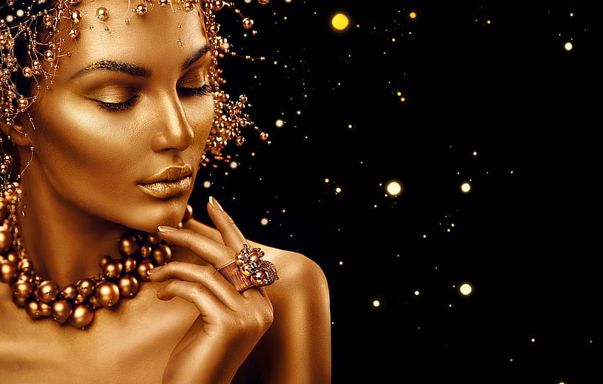 girl, eyelashes, gold, model, hair, hand, ring, beads for , section стиль, Golden Woman HD wallpaper