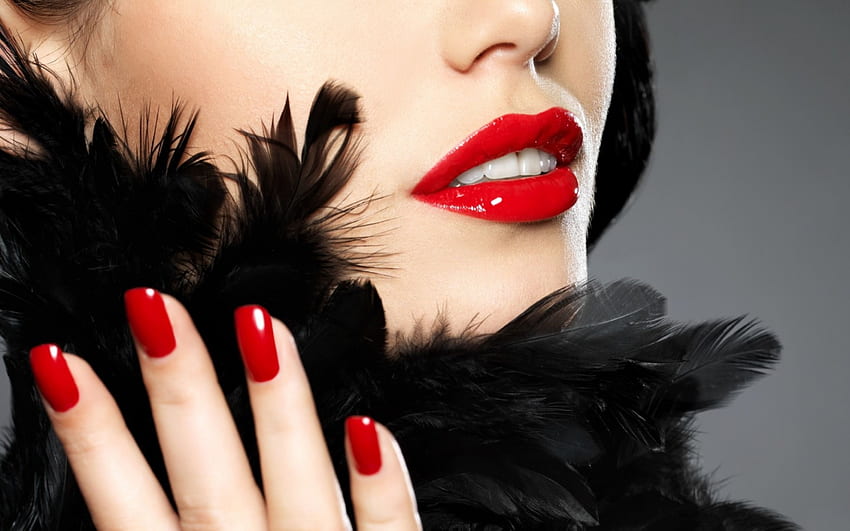 Rouge, noir, modèle, fille, beauté, femme, plume, rouge à lèvres, ongles, visage, lèvres Fond d'écran HD
