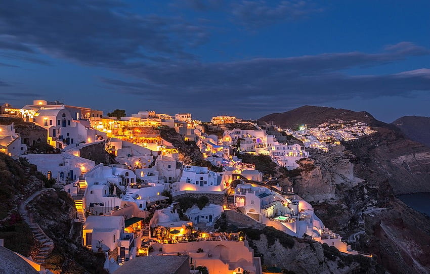 night, lights, island, home, Santorini, Greece for , section пейзажи HD wallpaper