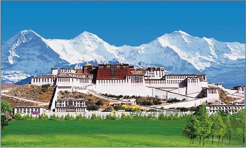 Стенопис Голям тибетски диван за всекидневна, дворец Потала, синьо небе и бели облаци, тревни площи, телевизионен фон, нетъкан плат ZHFFYY, Amazon Canada HD тапет