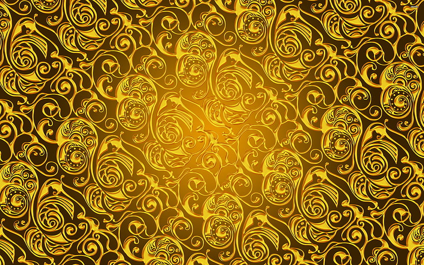 yellow vintage background, floral 3D patterns, floral ornaments, vintage floral pattern, background with ornaments, yellow backgrounds, 3D textures, floral patterns HD wallpaper