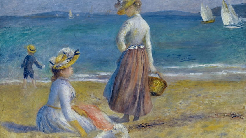 boat, Figures on the Beach, sea, Pierre Auguste Renoir,. art HD wallpaper