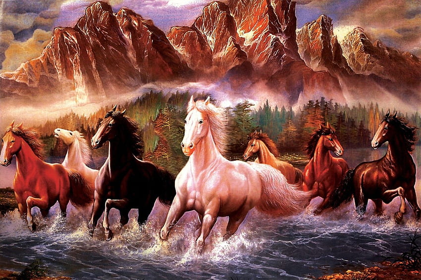 Seven Horses Painting 589 ファインアートプリント 24インチ X - ランニング 高画質の壁紙
