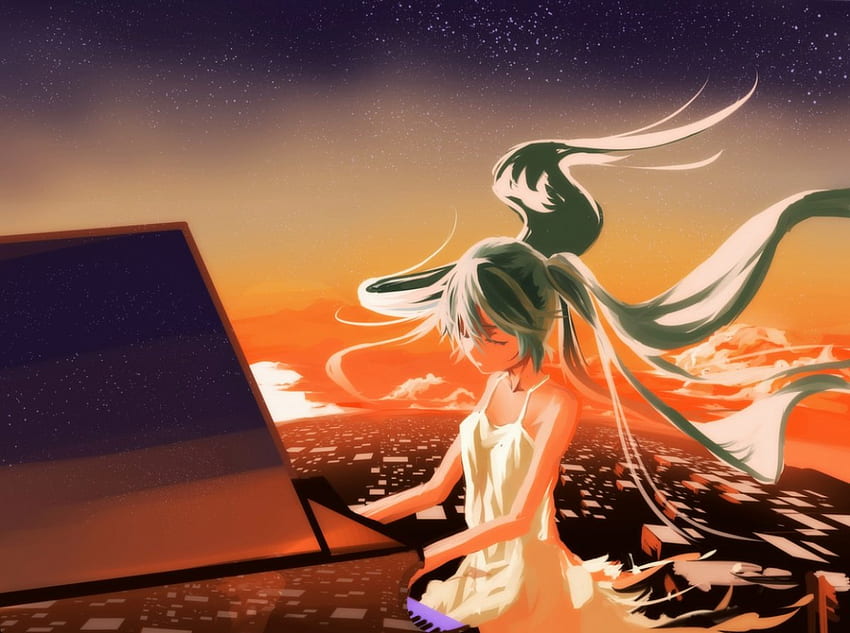 Miku PLaying the Piano, Hatsune Miku, vocaloid, long hair, dress, wind, playing, anime, piano, Sad, green hair HD wallpaper