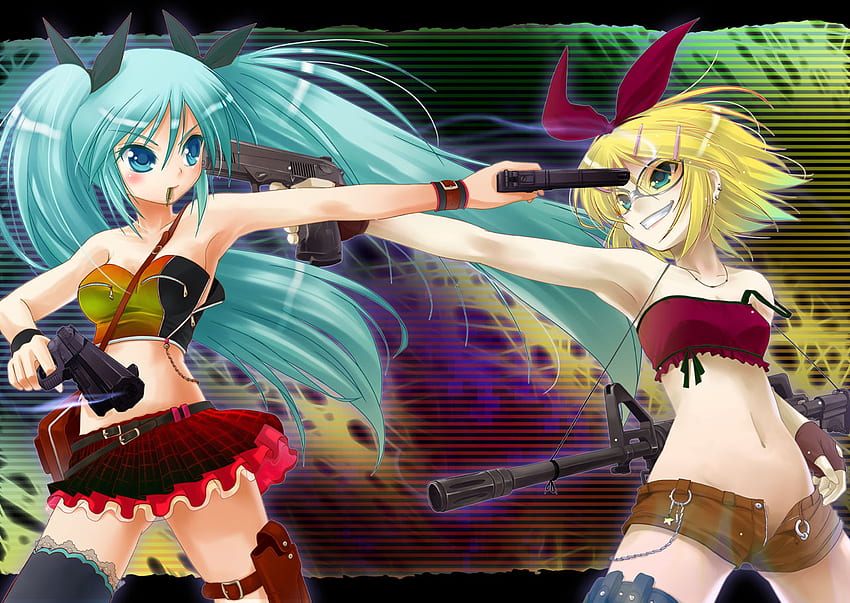 Miku VS Rin, Rin Kagamine, Waffen, Vocaloid, Vocaloid 2, Miku Hatsune HD-Hintergrundbild