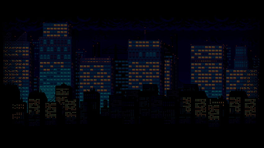 스카이스크래퍼 픽셀 미니멀리즘 도시 풍경 구름 픽셀화 검은 배경 건물 어두운 밤 디지털 아트 픽셀 아트 HD 월페이퍼
