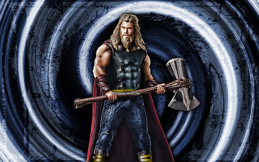 Thor, azul grunge de fundo, super-heróis, A Marvel Comics, vórtice, Chris Hemsworth, Thor papel de parede HD