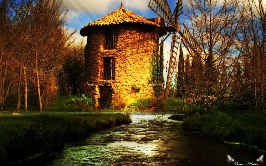 Moulin à vent, rivière, forêt, art Fond d'écran HD