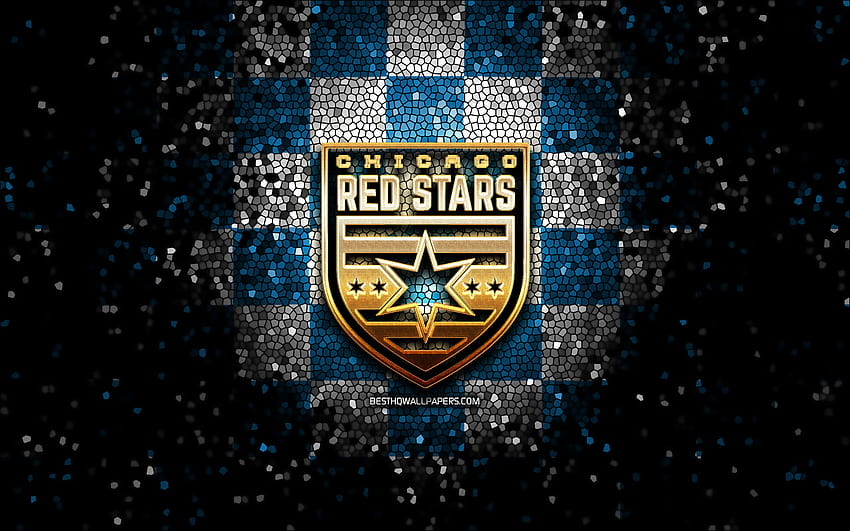 Chicago Red Stars FC, glitter logo, NWSL, blue white checkered background, soccer, american football club, Chicago Red Stars logo, mosaic art, football, Chicago Red Stars HD wallpaper