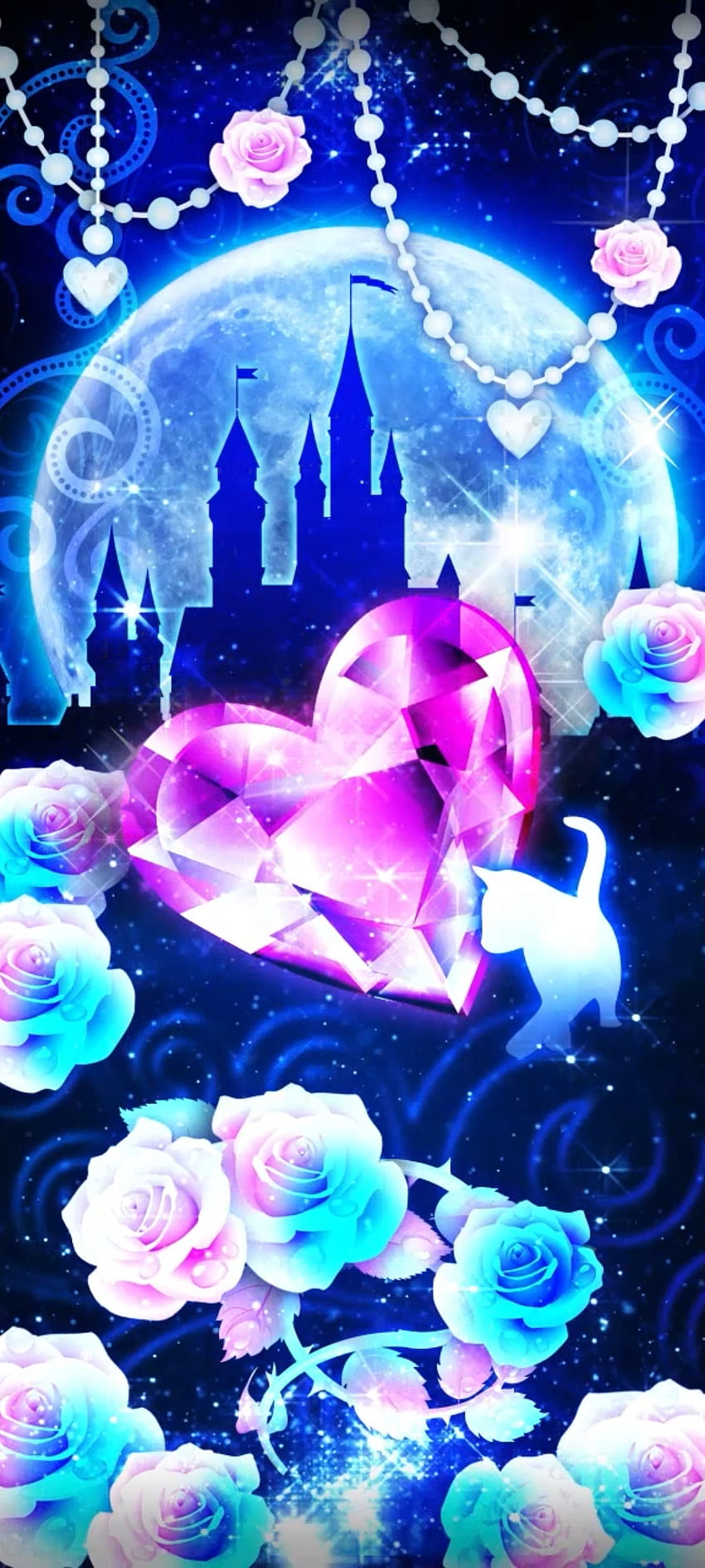 Dark Castle and Cat, azul eléctrico, flores, rosa, Luna, Estrella, Casa, Premium fondo de pantalla del teléfono