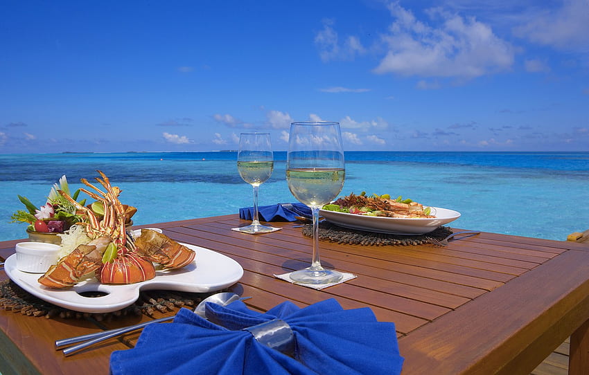 jedzenie, szampan, plaża, Malediwy, owoce morza, obiad dla , sekcja еда, restauracja z owocami morza Tapeta HD